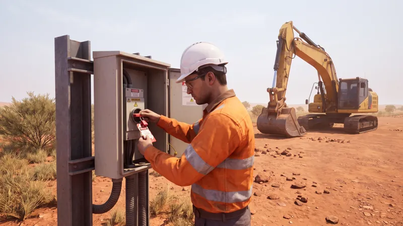 In the module: a worker clips a personal lockout tag onto an isolation switchboard
