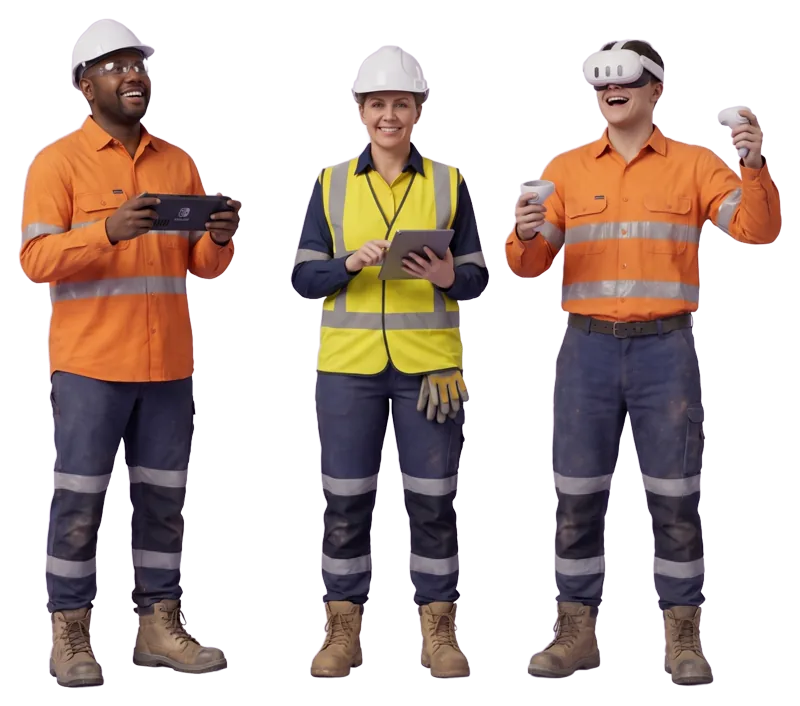 Three smiling site workers in hi-vis: one on a handheld console, one on a tablet, one in a VR headset with a controller in each hand