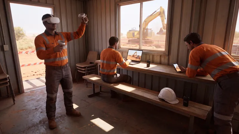 Three workers in a site crib room doing the same module on a headset, a laptop and a phone