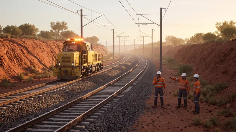 A rail corridor at first light with a track machine on the near line and a crew standing clear on the shoulder