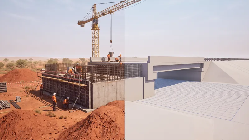 A bridge under construction, half fully rendered and half still a plain grey building-information model