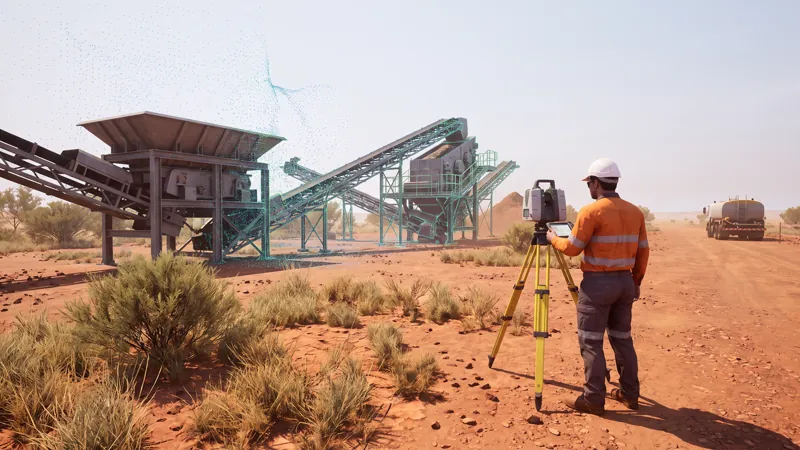 A surveyor beside a laser scanner on a tripod, the plant behind him half dissolving into a point cloud
