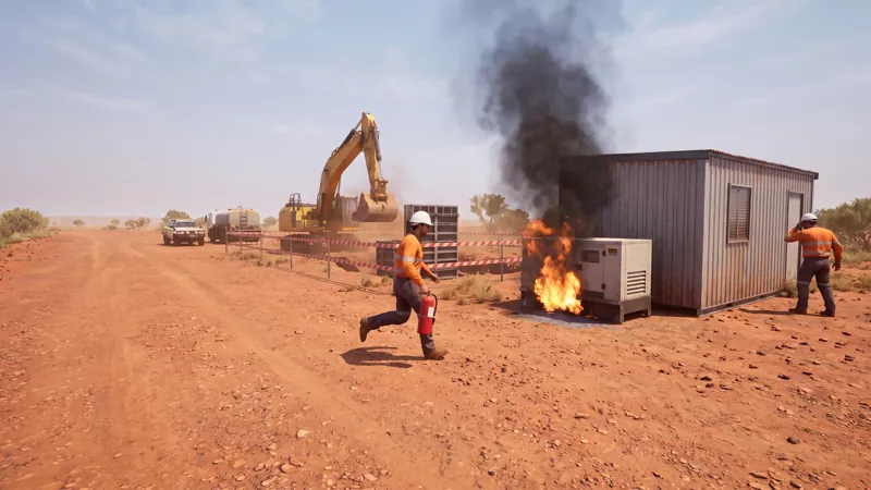 In the module: a fire breaks out at a generator and a worker runs toward it with an extinguisher